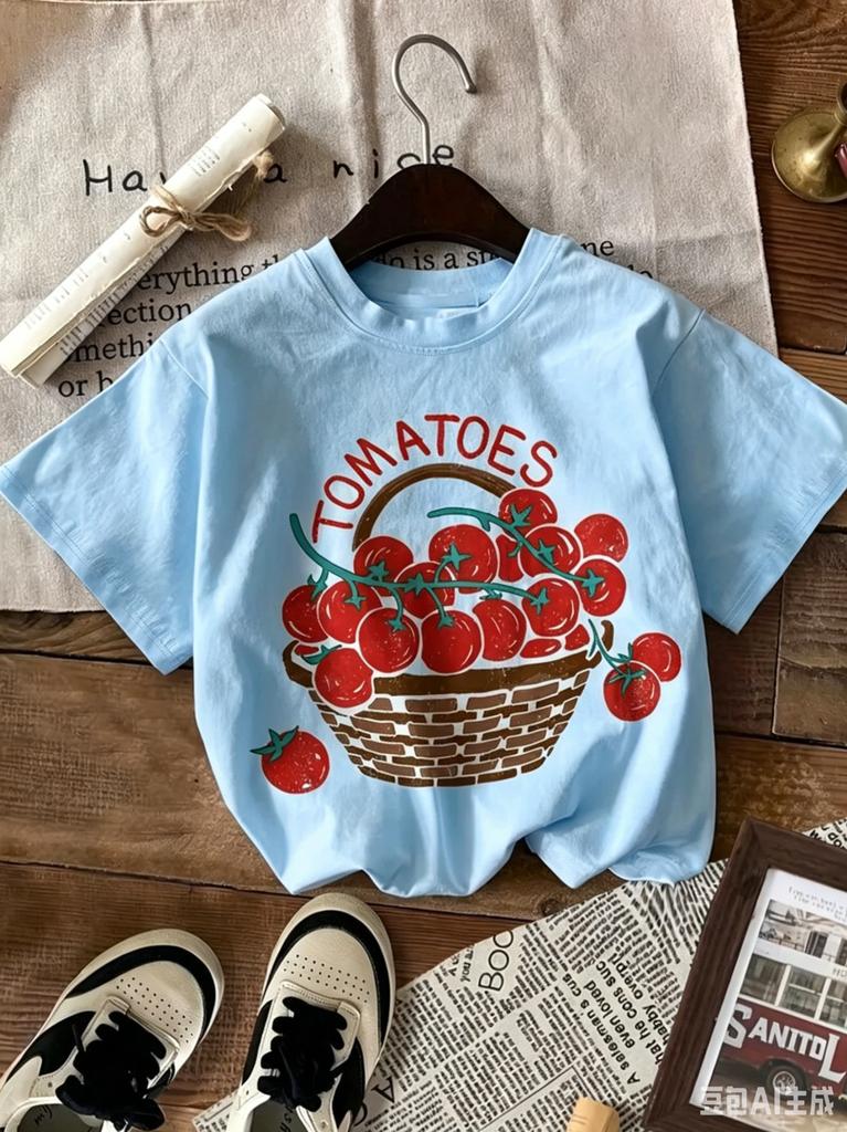 NewT-shirt with Tomato Print for Kids, Casual Round Neck, Suitable for Daily Wear, Spring Summer Autumn