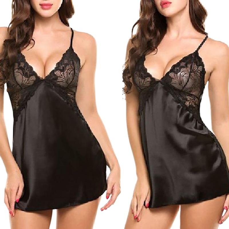1PCS Women Pajamas Nightdress Sleepwear Sexy Lace High Quality Solid Color Comfortable Deep V Neck