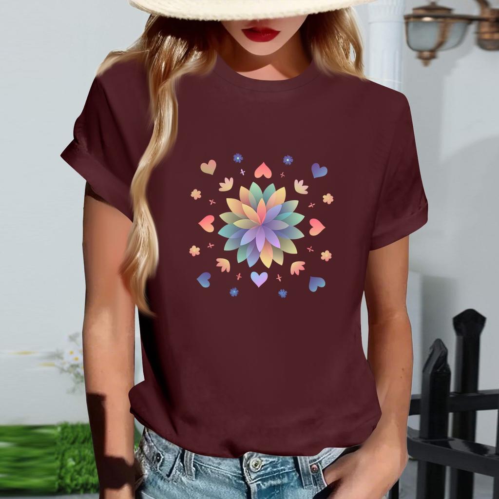 Women's Fashionable Round Neck Casual Retro Print Short Sleeved T-shirt Top