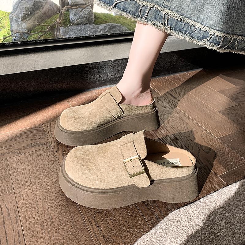 Fashion Women's Baotou Slippers Spring New Round Head Deep Mouth Metal Buckle Thick Sole Anti-slip Wear-resistant Flat Shoes