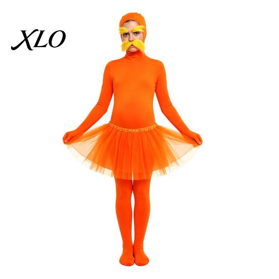 Halloween Cosplay Overall Orange Ganzkörperanzug, mit Tüllrock, Fake-Bauch, Gelbem Schnurrbart & Augenbrauen, Versteckter Reißverschluss Outfits Offenes Gesicht Zentai