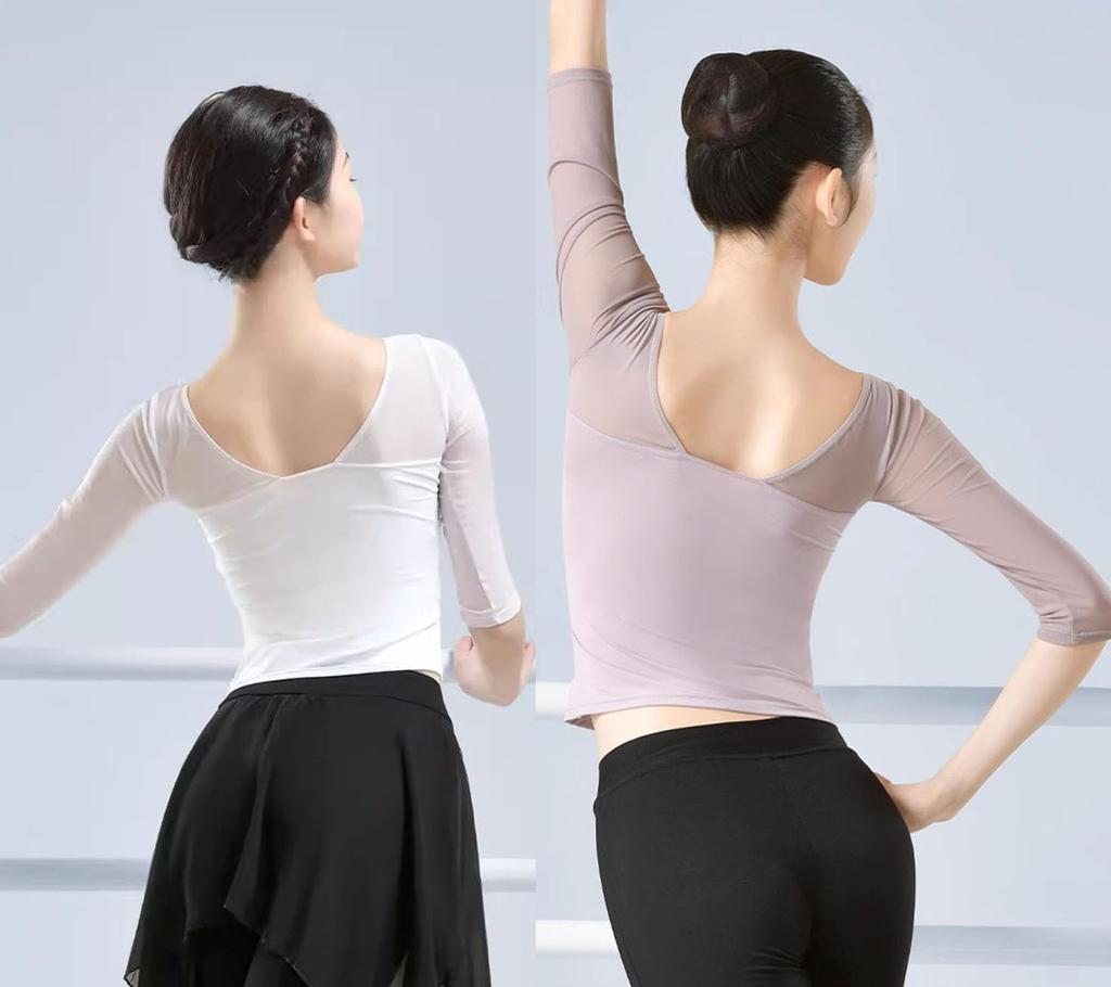 Yuoku Ballet Dance Sleeve Practice Stretch Open Classical Ballroom Modern Dance Women's Costume, 5/8 Top, See-Through Blouse, Wear, Backless, Sheer,