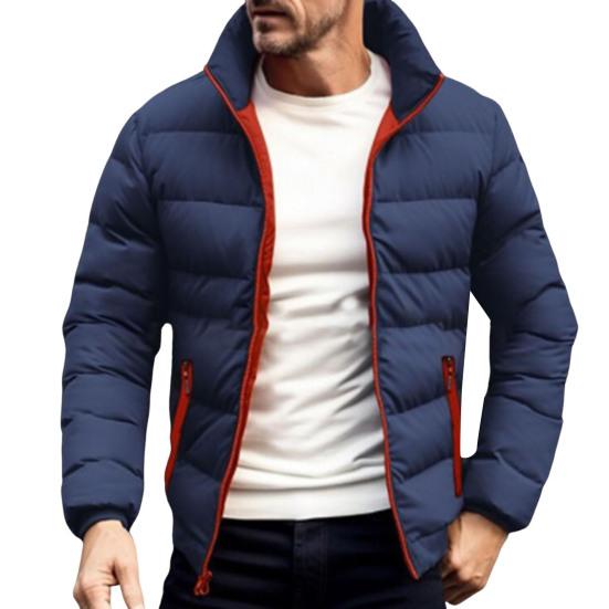 Men Down Coat Stand Collar Long Sleeve Full Zipper Closure Solid Color Jacket Coat with Side Zipper Pockets Outdoor Leisure Quilted Outwear
