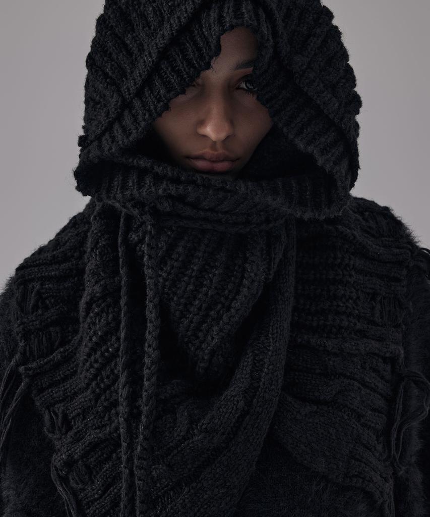 Teulimingbeodeu Wool Damage Tassel Knit Set-Up Layered Wrap [ Black ]