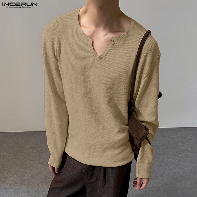 INCERUN Men Irregular Neck Long Sleeve Casual Texture T-shirts Tops