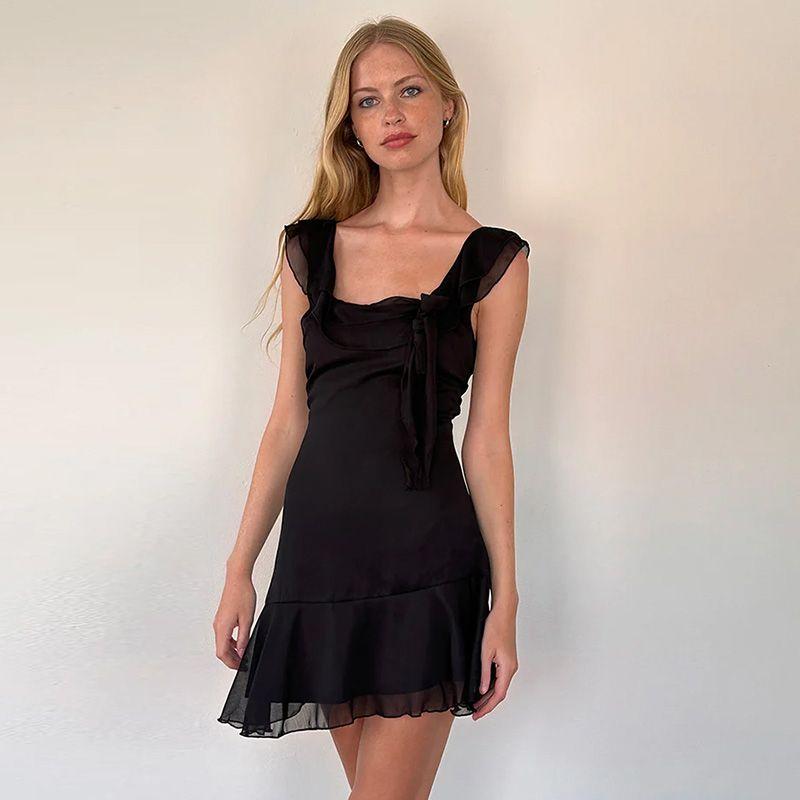 

Fall Summer Silm Girl Sling Chiffon Dress Black L