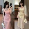Solid Color Mesh Splicing Flower Sleeveless Long Suspender Hip Skirt Pure Desire Sexy Fishtail Split Slim Dress