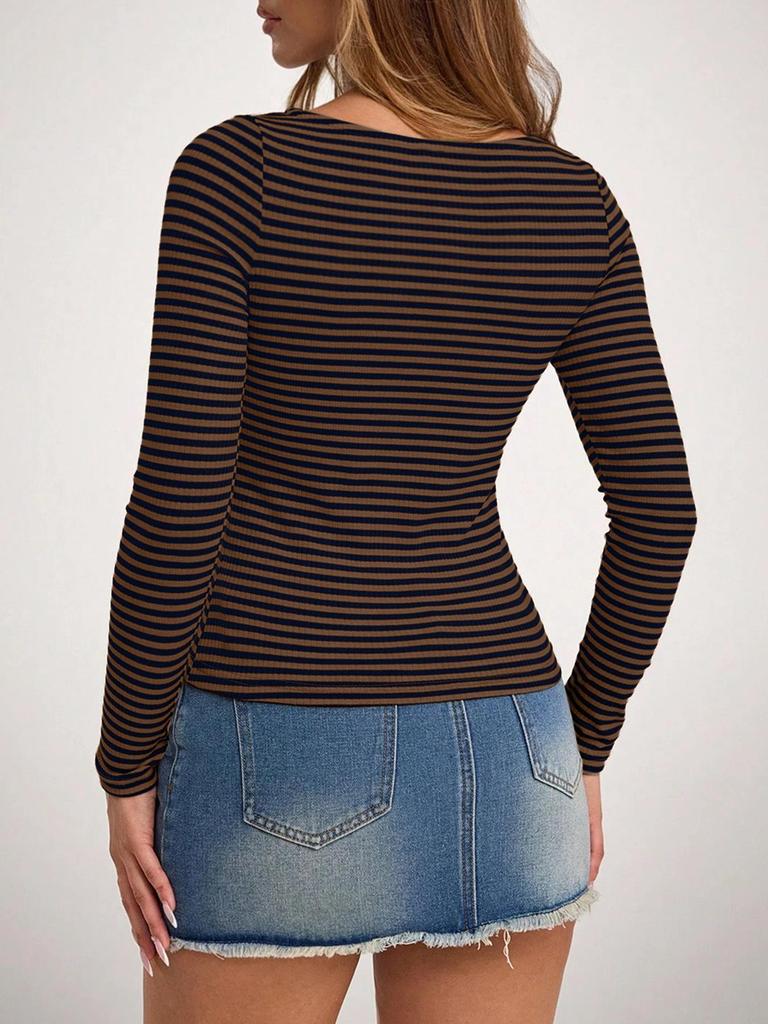 Women's Slim Fit Casual Striped Long-Sleeve Autumn Base Layer Top