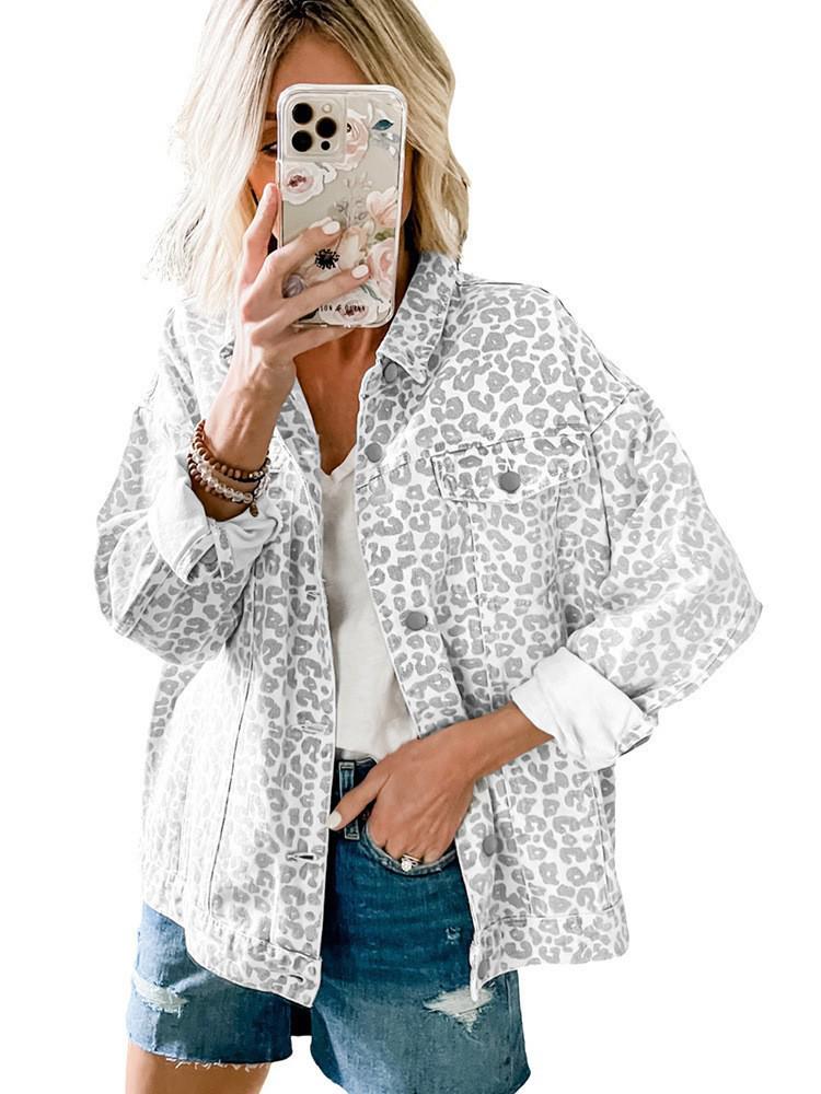 Shi Ying Women's 2025 Leopard Print Lapel Denim Jacket - Trendy European & American Winter Outerwear.
