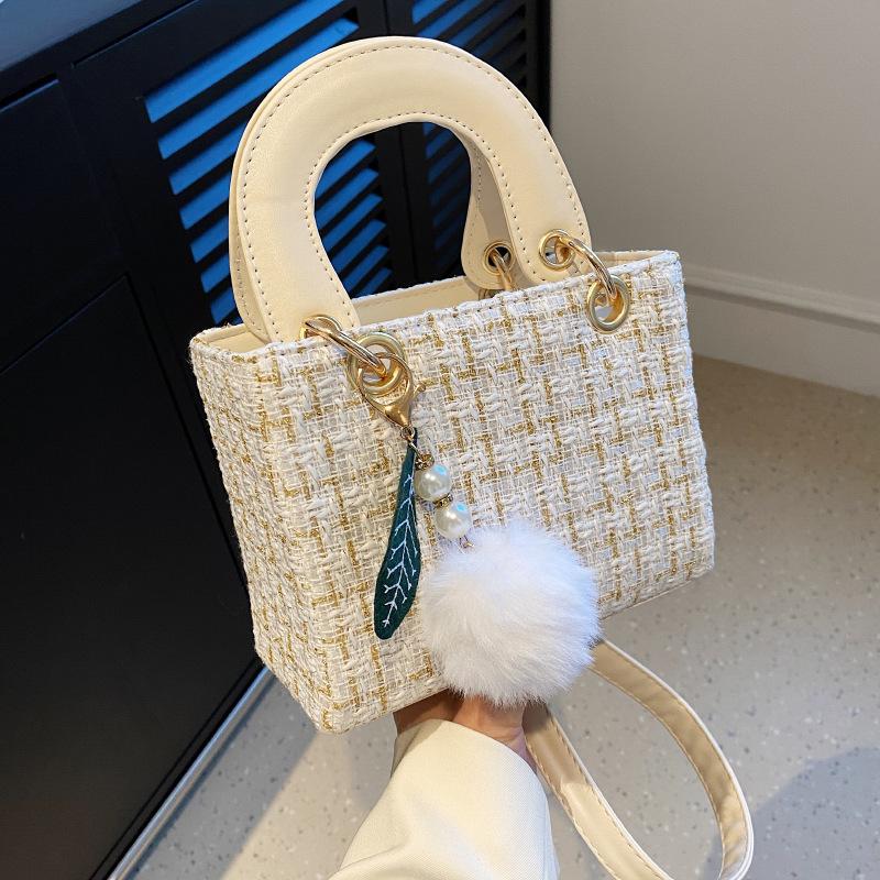 Ladies Fashion Simple Shoulder Bag Girls Cute Small Pom Pendant Handbag Small Square Bag New High Casual Crossbody Tweed Plaid