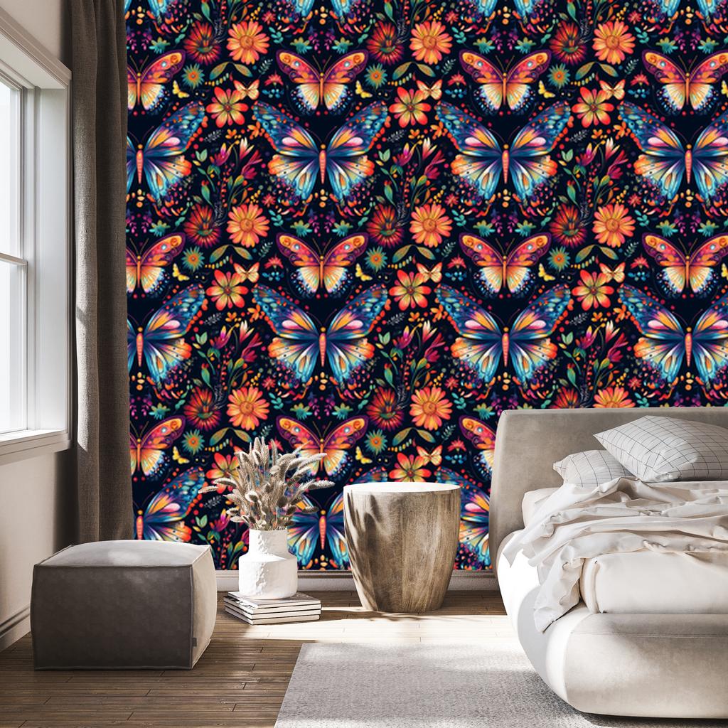 Wallpaper Colorful Butterflies Navy Blue and Burgundy for Living Room and Bedroom 50x1000