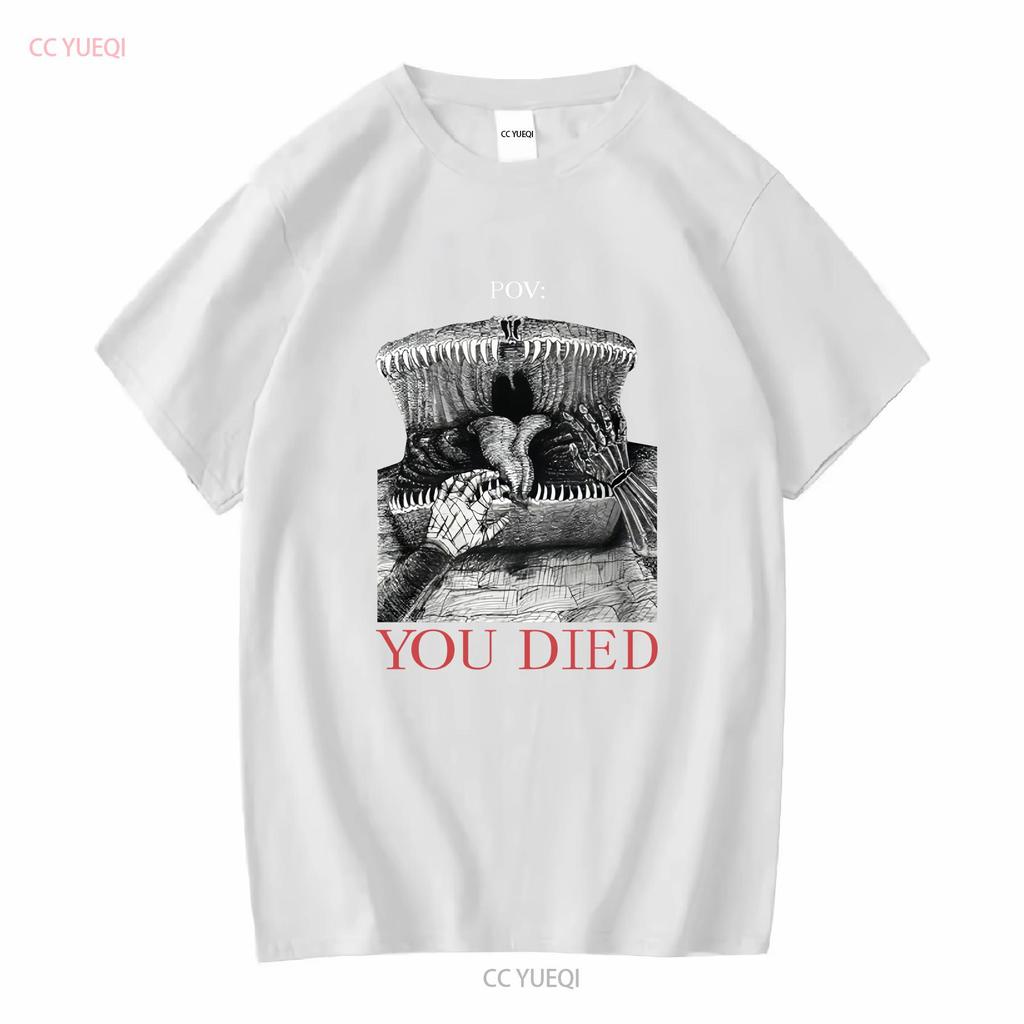 Mimik DnD Dark Souls Tuschezeichnung T-Shirt POV DU BIST GESTORBEN lang- oder kurzärmelig vintage gewaschen vielseitig Mode Streetwear