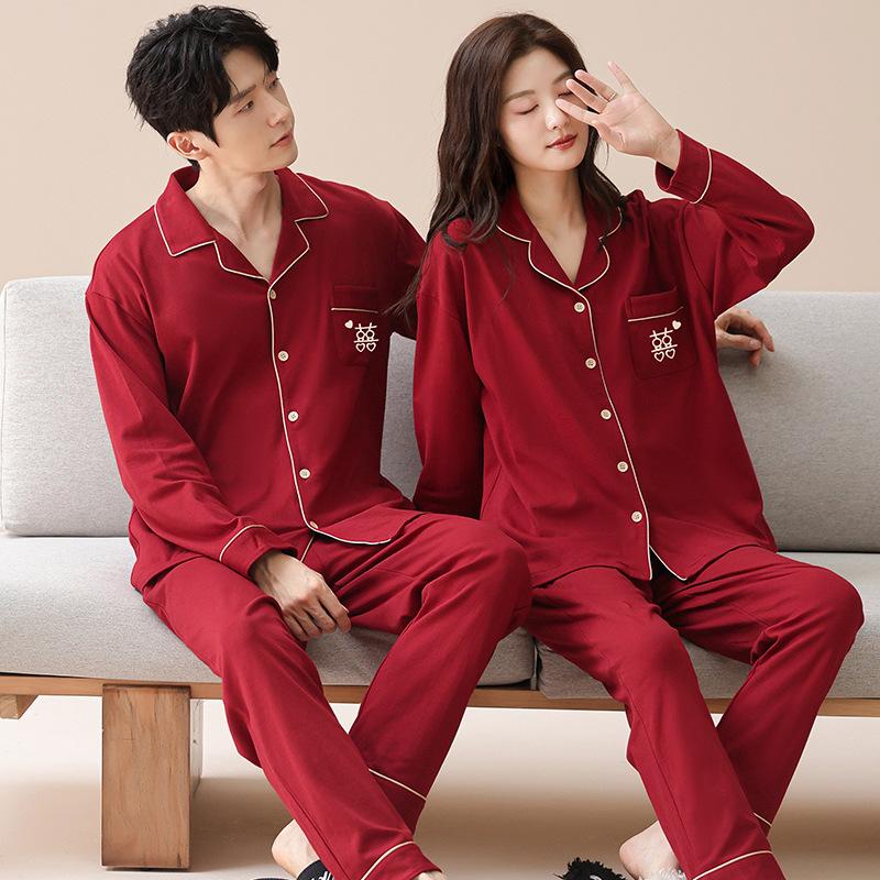 Pajamas wedding newlywed couple suit spring and autumn pure cotton red 1011 new men's and women's long sleeves festive autumn