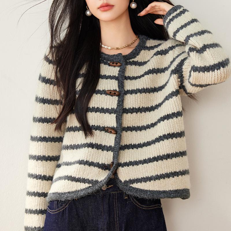 Striped Knitted Cardigan for Women In Autumn and Winter Ox Horn Button Lazy Style Sweater Cardigan New Round Neck Inner Base Shirt