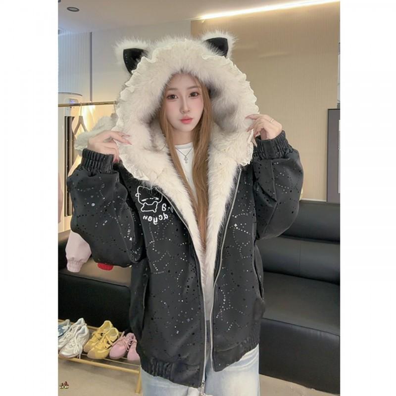 Womens Winter Faux Fur Hooded Cotton Coat Solid Color Loose Fit Thick Warm Jacket