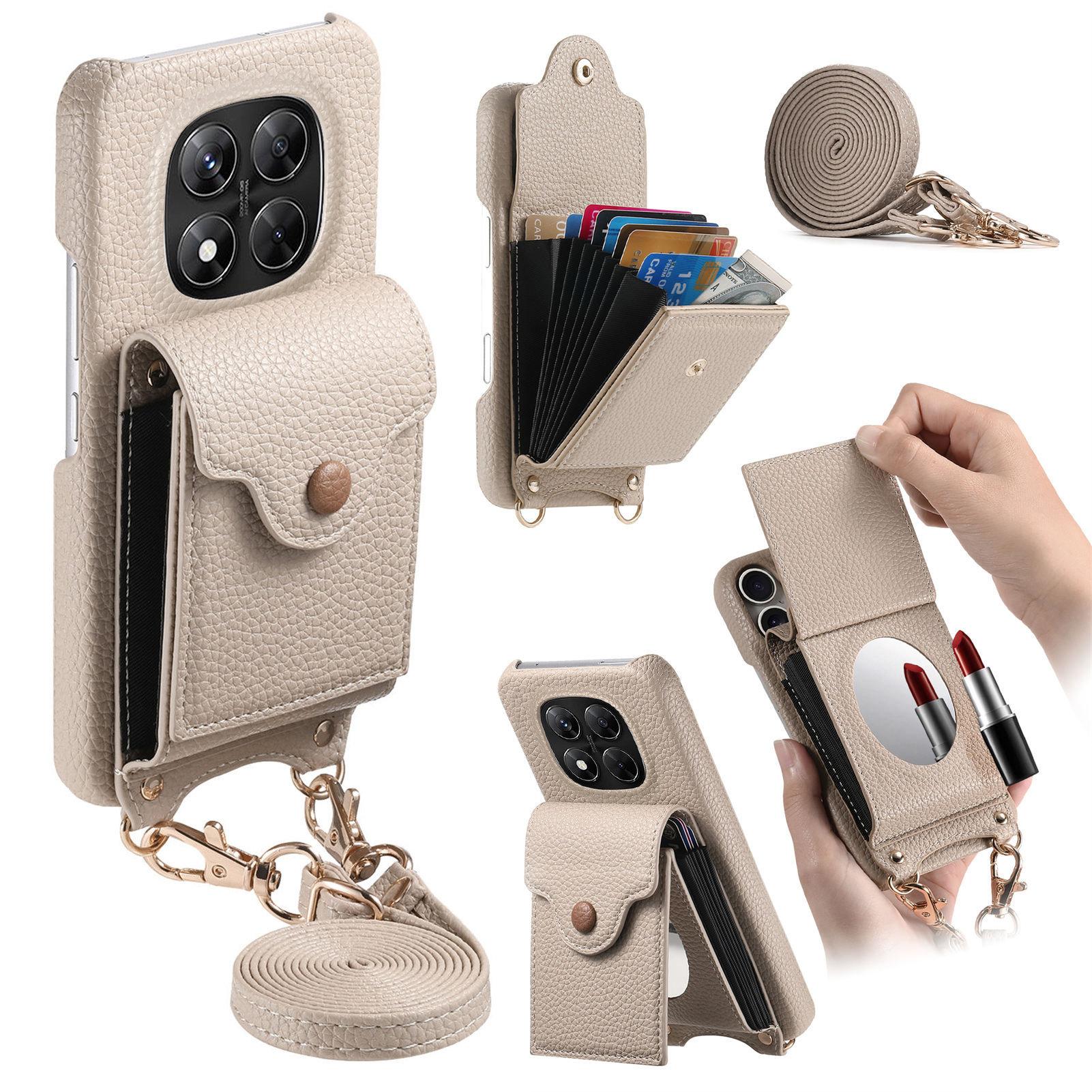 

Для Xiaomi Redmi Note 14 Pro 4G Чехол Зеркальный Держатель для карт Кожа с текстурой личи Задняя крышка для телефона с длинным ремешком Khaki Gray