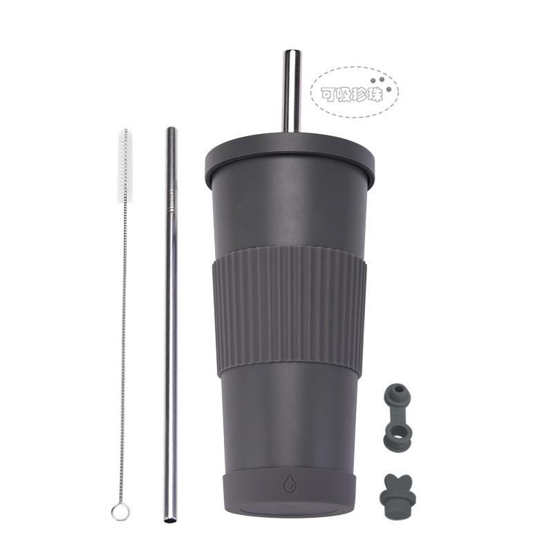 710Ml Bubble Tea Cup Non-Slip Double-Layer Stainless Steel Straw Cup Multi-Color Straw Thermal Insulation Water Cup