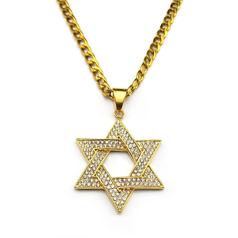 Fashion Sparkling Rhinestone David Pendant Necklace Stainless Steel Gold Color Hexagram Gift Star Shape Jewelry 7619-4