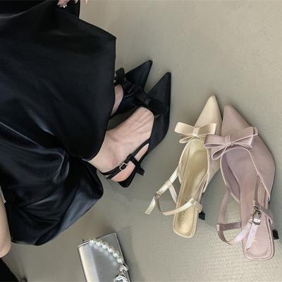 Satin Haut de Gamme Français Nœud Vent Doux Chaussures de Soirée Sac Sandales Tête Chaussures pour Femmes Escarpins Chaussures Simples
