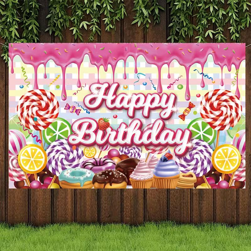 2D Flat Sweet Dessert Birthday Banner Candy Land Themed Backdrop with Colorful Candies & Treats