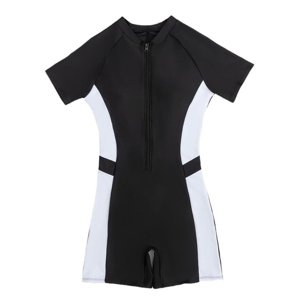 Women's Half Sleeve Color Block Zipper Swimsuit - High Elasticity & Conservative Surfing Suit