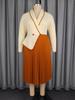 Women's Plus Size Color Block Two-Piece Look Long Sleeve Dress with Lapel and Pleated Skirt - Elegant Office Wear