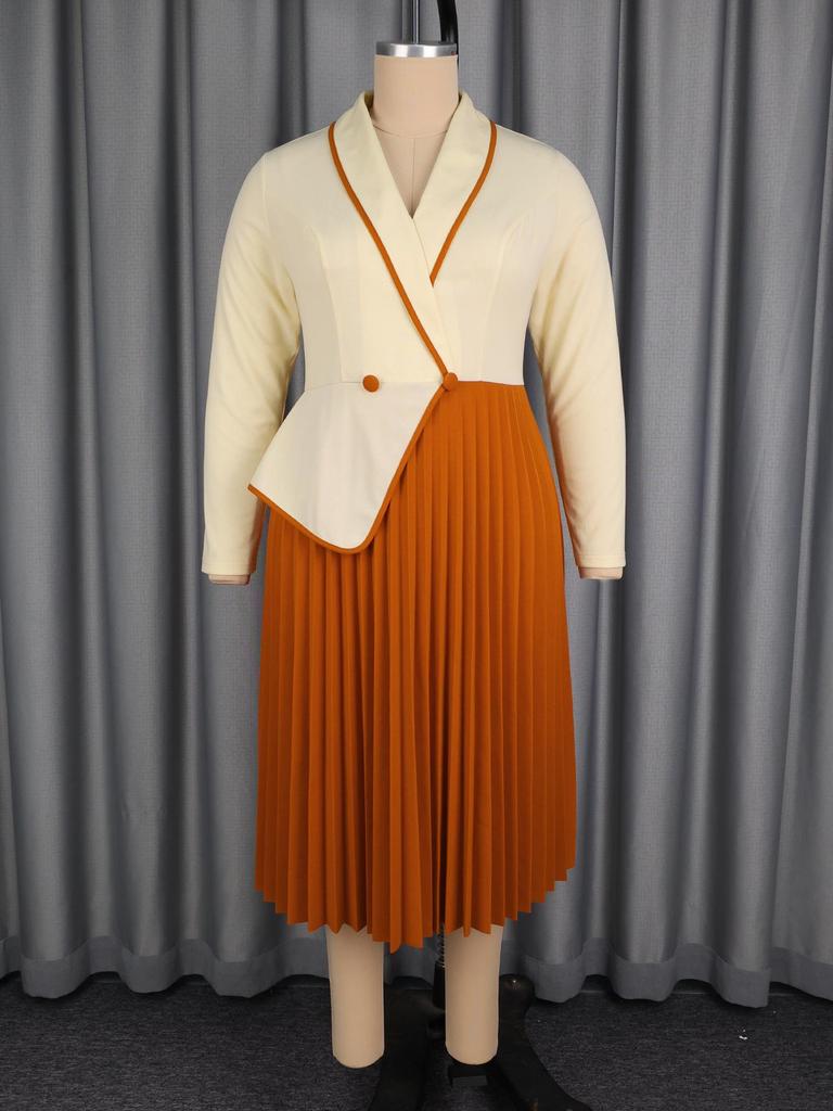 Women's Plus Size Color Block Two-Piece Look Long Sleeve Dress with Lapel and Pleated Skirt - Elegant Office Wear
