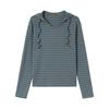 QIYOU 2026 Spring Women's Blue-Gray Striped Retro Casual Slimming Hooded Sweatshirt