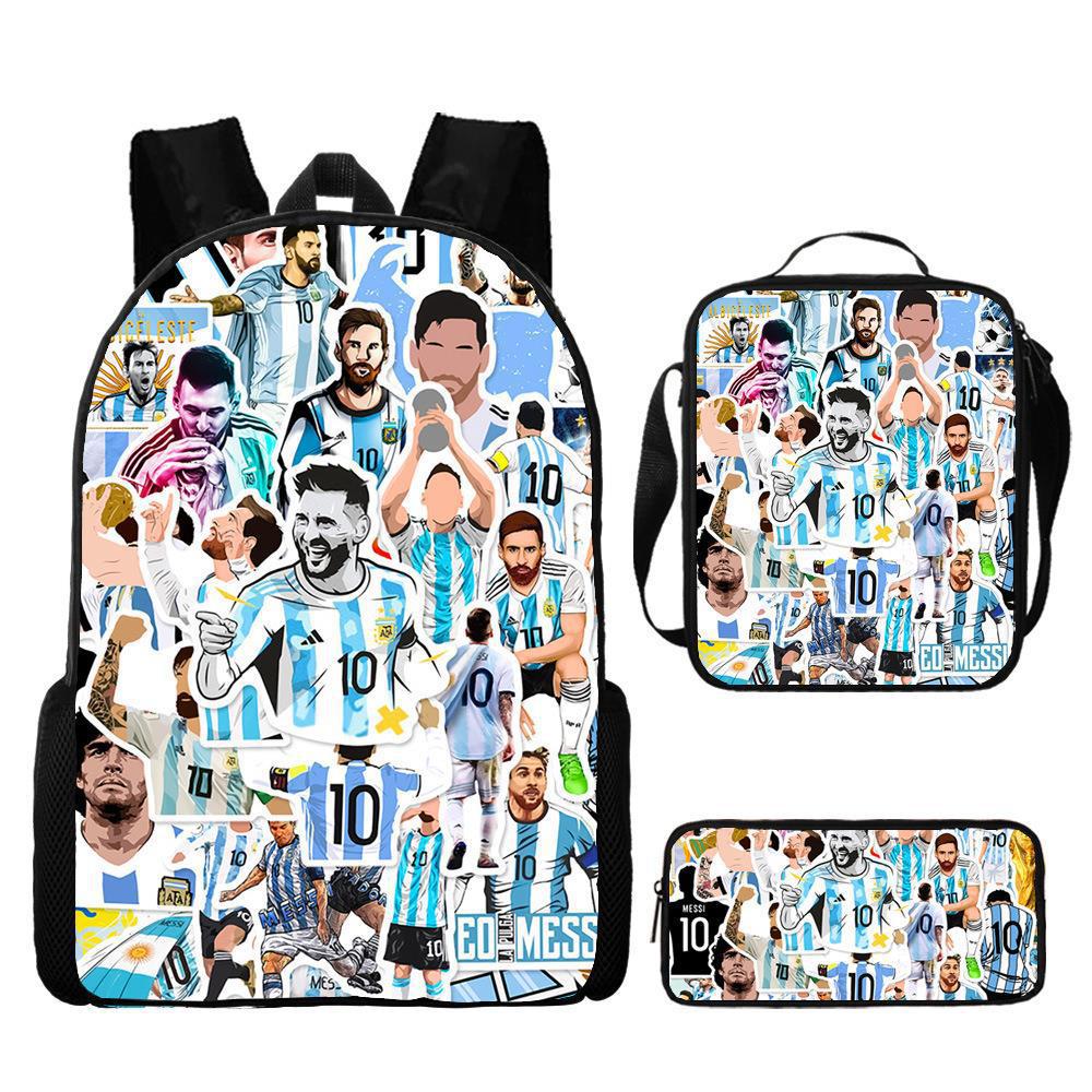 Sac à dos scolaire imprimé Messi pour étudiant Sac à dos Satchel C Luo pour Neymar Ensemble trois pièces