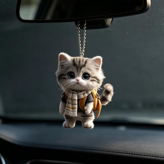 Unique Car Mirror Decoration Cat Acrylic Hanging Decor, Cute 2D Flat Rearview Versatile Pendant for Windows Pendant, Kawaii Keychain Accessories,