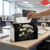 2D Flat, 1pc Tissue Box, Printed On Both Sides, of Japanese Ink Bonsai Tissue Box Cover Featuring a Black Background with Golden And White Flowers. It
