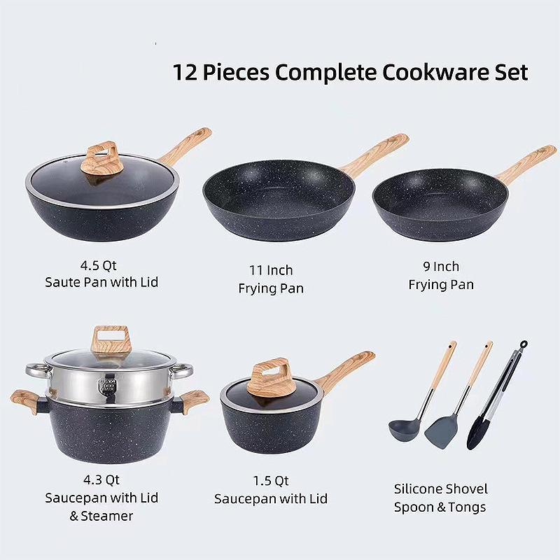 12-Piece Granite Cookware Set: Frying Pan, Wok, Soup Pot, and More - Ideal Holiday Gift!