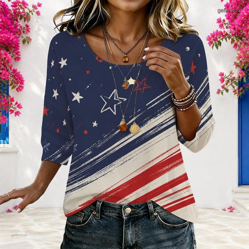 Women Plus Size Round Neck 3 4 Sleeve Star Stripe Printed Loose Blouse Navy Red White