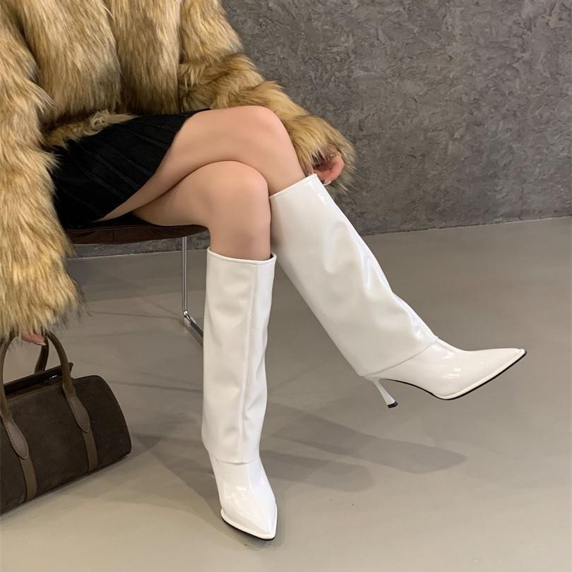 European and American Long Knight Boots Women's High-heeled Trouser Boots Autumn and Winter Thin Fashion Pointed Hot Girls But Knee Thin Heel Boots
