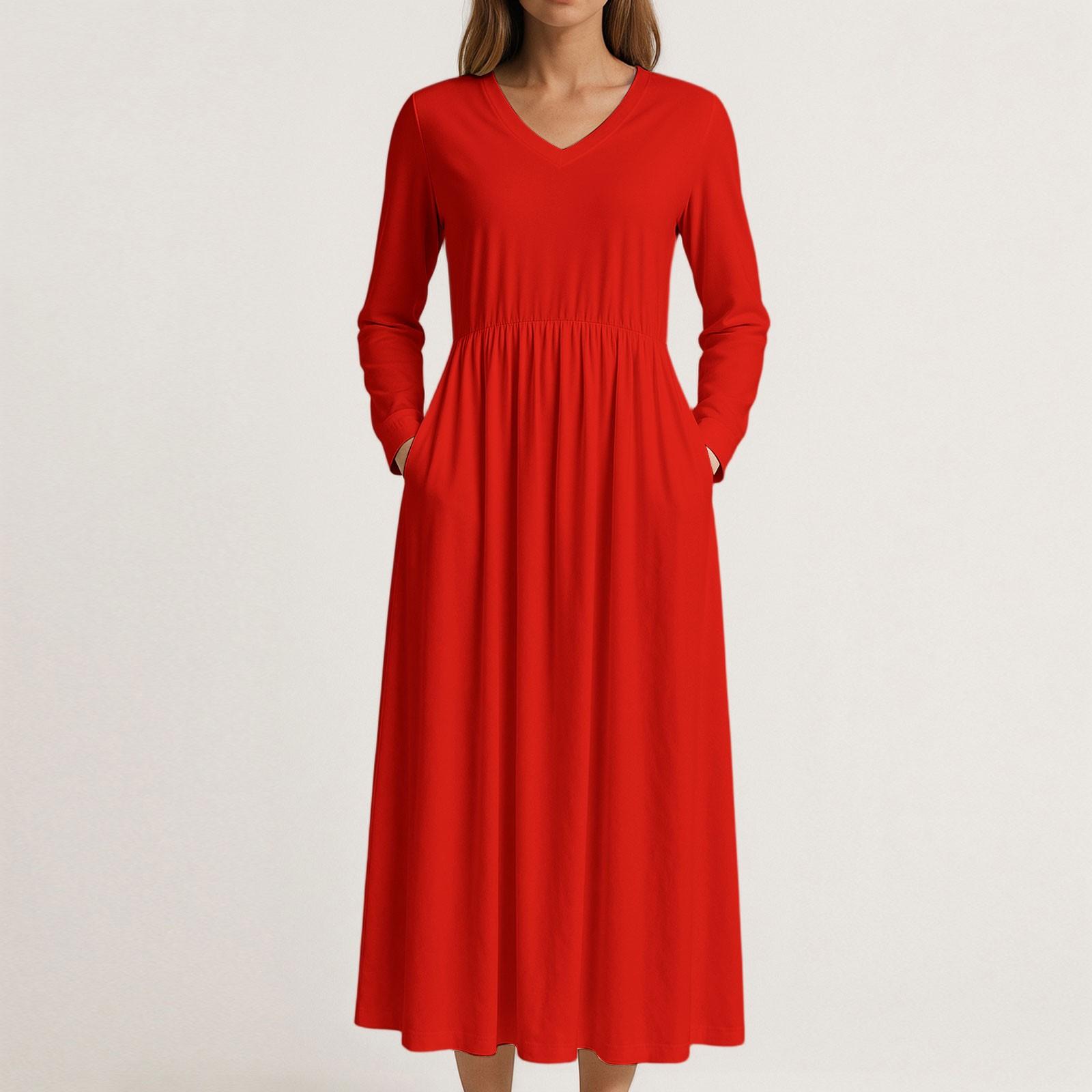 

Dress For Women Long Boho Beach Dress Elegant Maxi Dress V-Neck Long Sleeve Dress With Pockets XL червоний