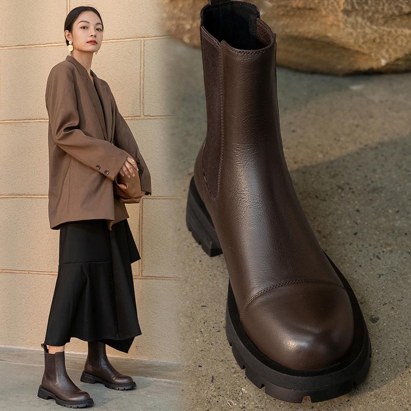 2024 Fall/Winter Shoes Women Leather Ankle Boots Women Round Toe Thick Heel Women Shoes Solid Chelsea Boots Casual Women Boots