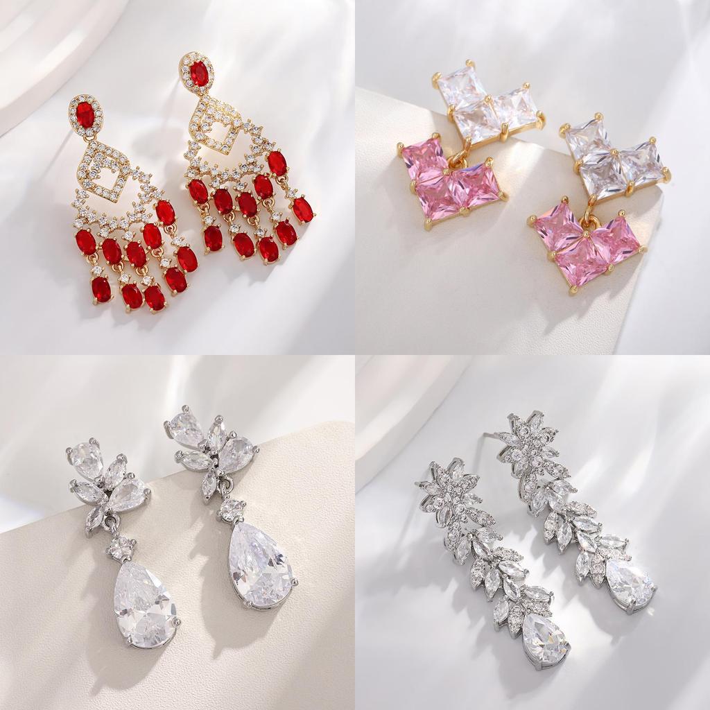 Zircon Drop Earrings With Glittering Lotus Water Drop Design For Women Summer