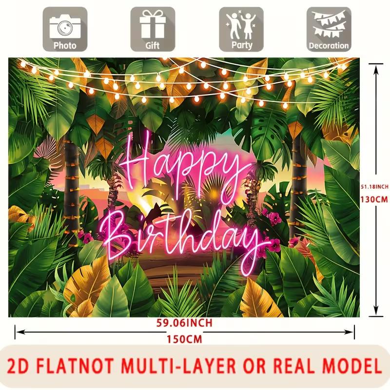 2D Tropical Jungle Backdrop with Pink Neon "Happy Birthday" & String Lights