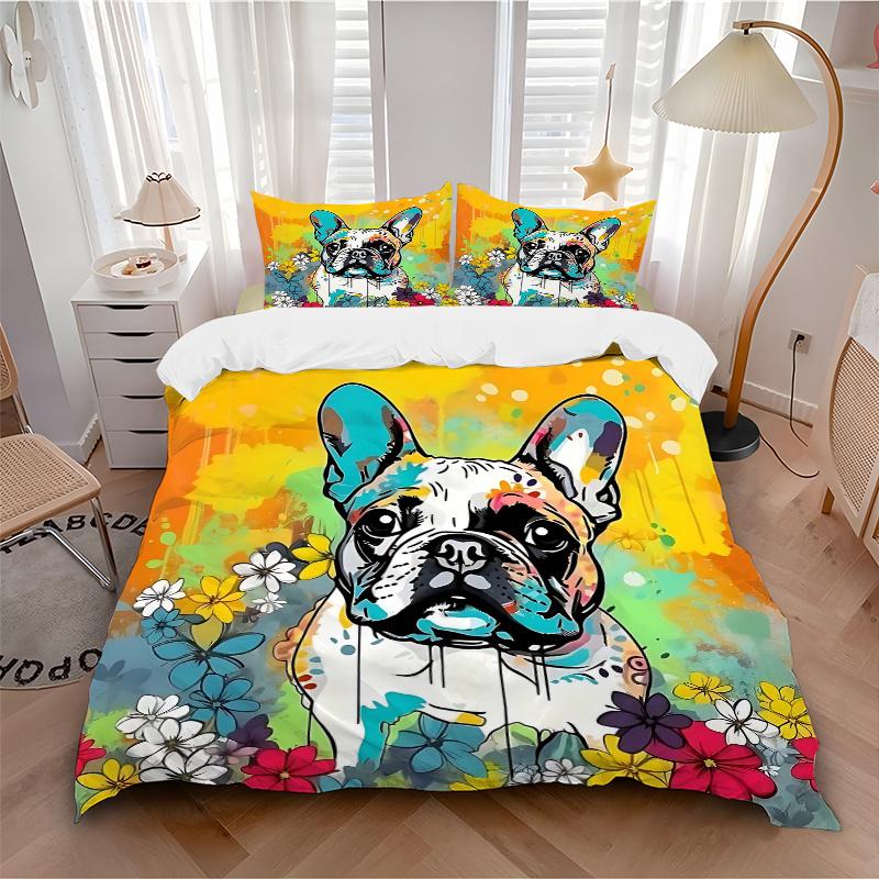 

3pcs Colorful French Bulldog with Flowers Bedding Set - Includes One Quilt Cover and Two Pillowcases (No Core) - Home Decor, Festival Gift, 135x200cm