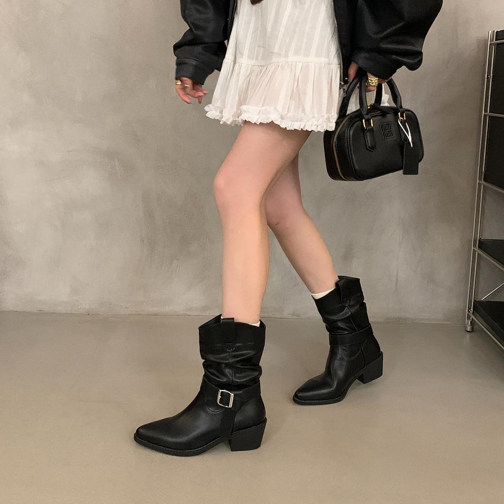 5Cm Boots Pointed Head High Heel V Mouth Suede Martin Boots Women'S Boots Medium Pile Boots Khaki Short Boots