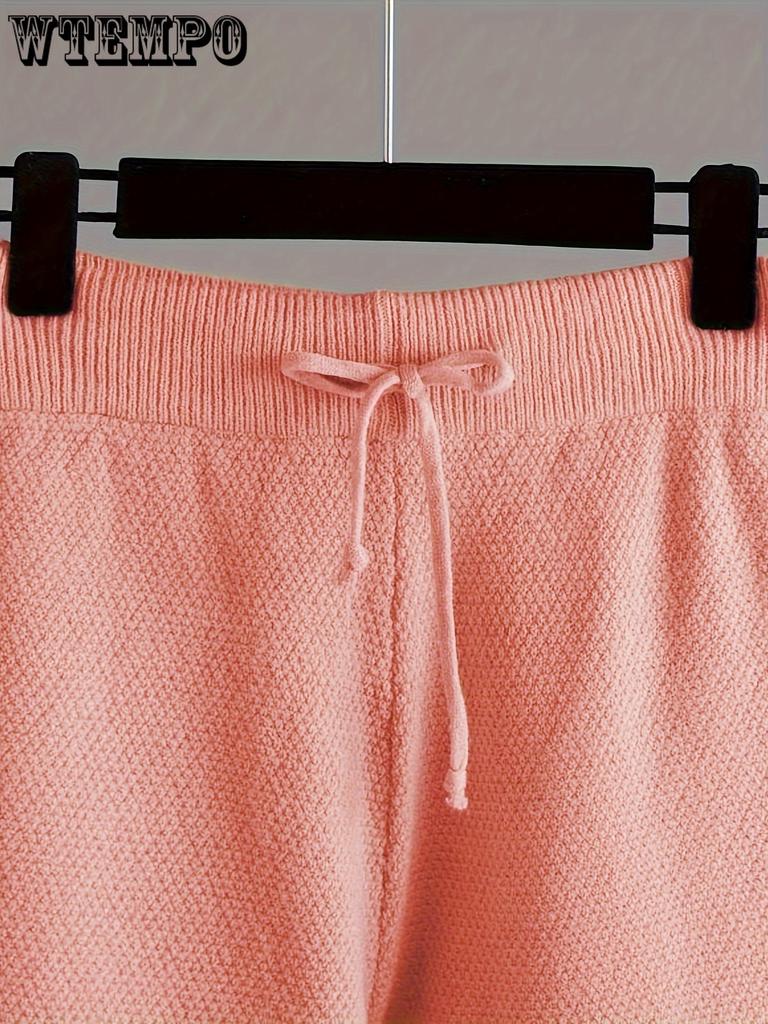 Women's Solid Color Knit Pant Set: Long Sleeve Crew Neck Sweater & Wide Leg Pants