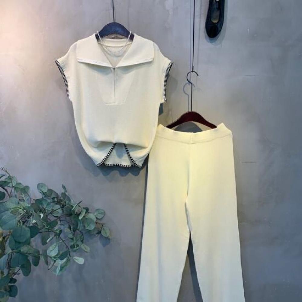 C S In The Room Cano End StitCh Cap Sleeve Zip Knit Wide pantS Set 3 ColorS
