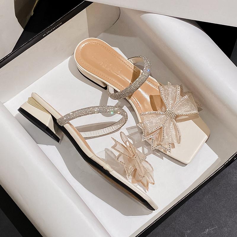 New Shoes for Women Summer Beautiful Mesh Bowknot Sandals Girl Middle Heels Pumps Ladies High Heels Shoes 35-43
