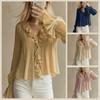 2026 Blusa da Donna Leggera Stile Dolce con Orlo Arricciato e Maniche a Svasatura Scollo a V Vestibilità Larga Top
