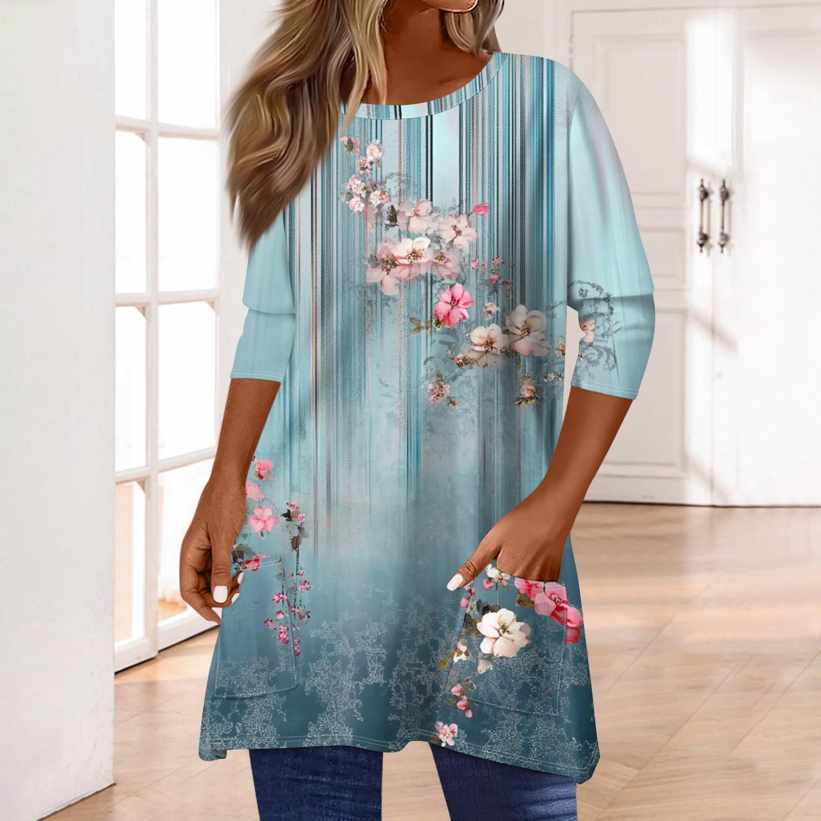 

3/4 рукава кармана топы для женщин футболка повседневный принт средней длины топы футболка круглый вырез пуловер блузка XXL