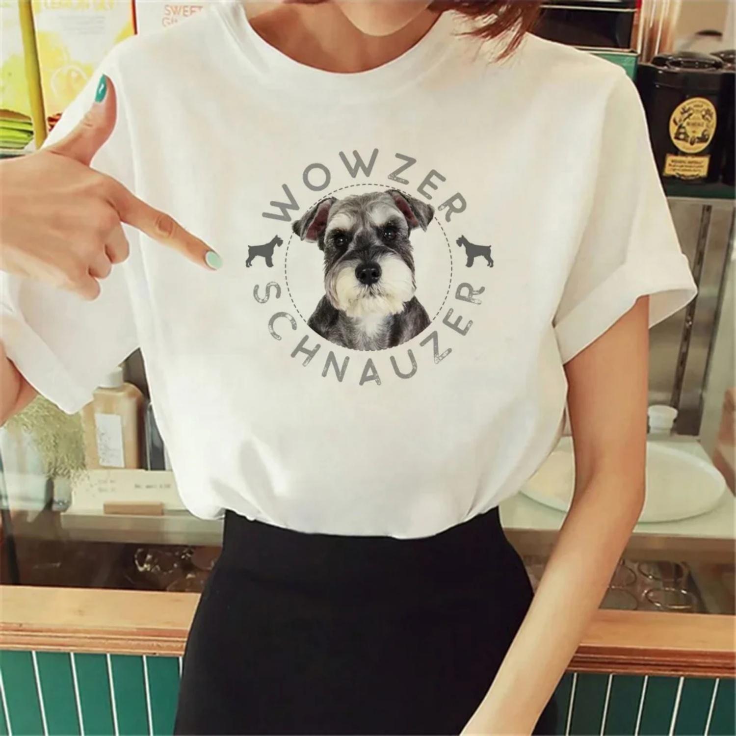 

Cartoon Schnauzer Funny Manga Tops Harajuku print ladies T-shirt casual basics O-collar Black shirt short sleeve ladies T-shirts XXXXXL білий