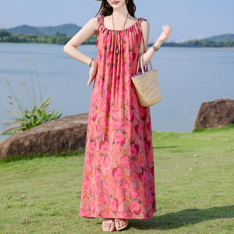 Elegant Woman Summer Strap Dress Plus Size Casual Loose Long Dress Female Vintage Clothes