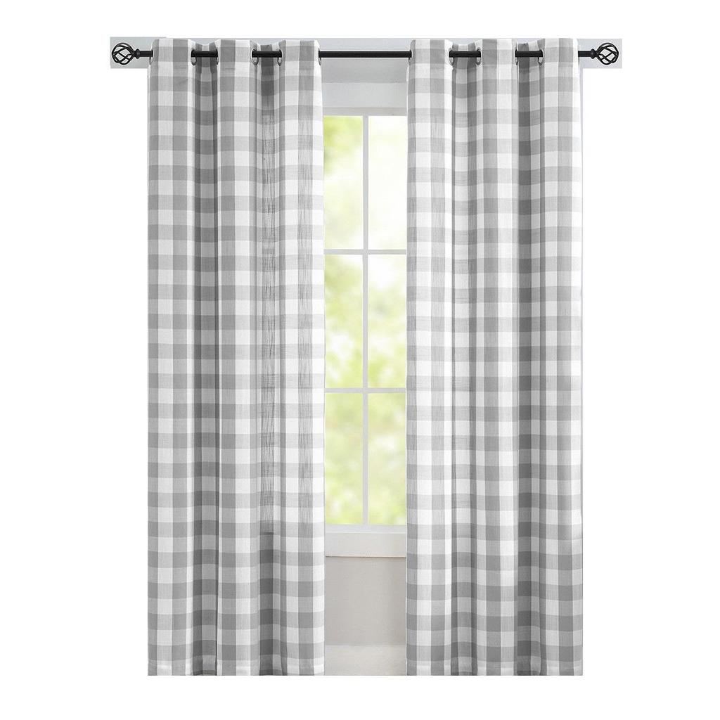 Natural Country Style Grey Checkered Grommet Top Curtains and Sheers for Living Room or Bedroom
