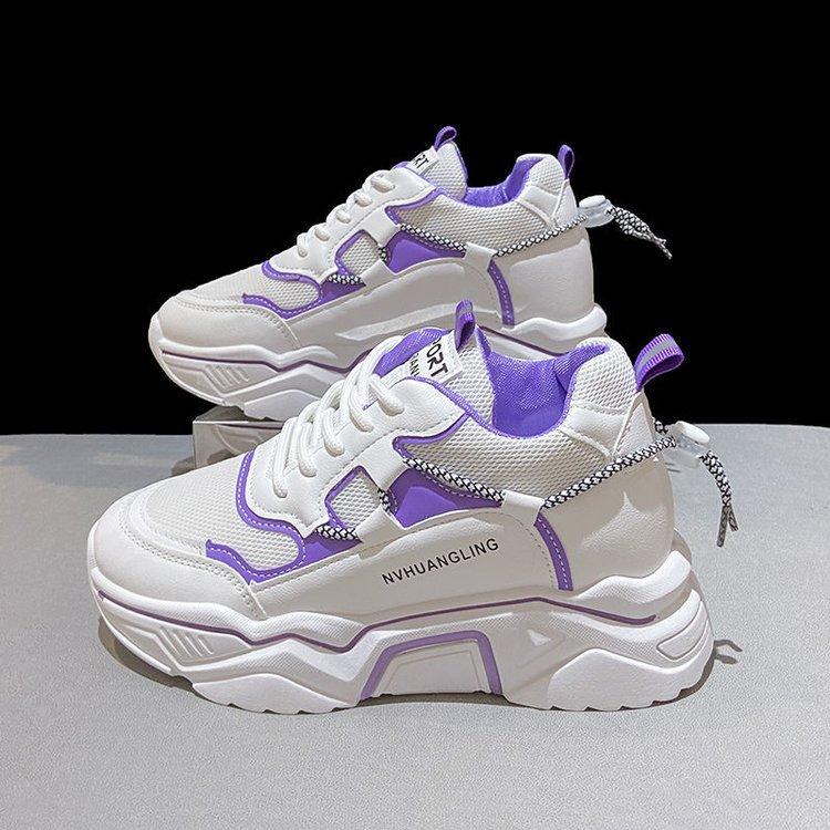 Inner Heightening Muffin Sole Sneakers Autumn and Winter New Thick-soled Lace-up Casual Shoes Color Matching Mesh Dad Shoes