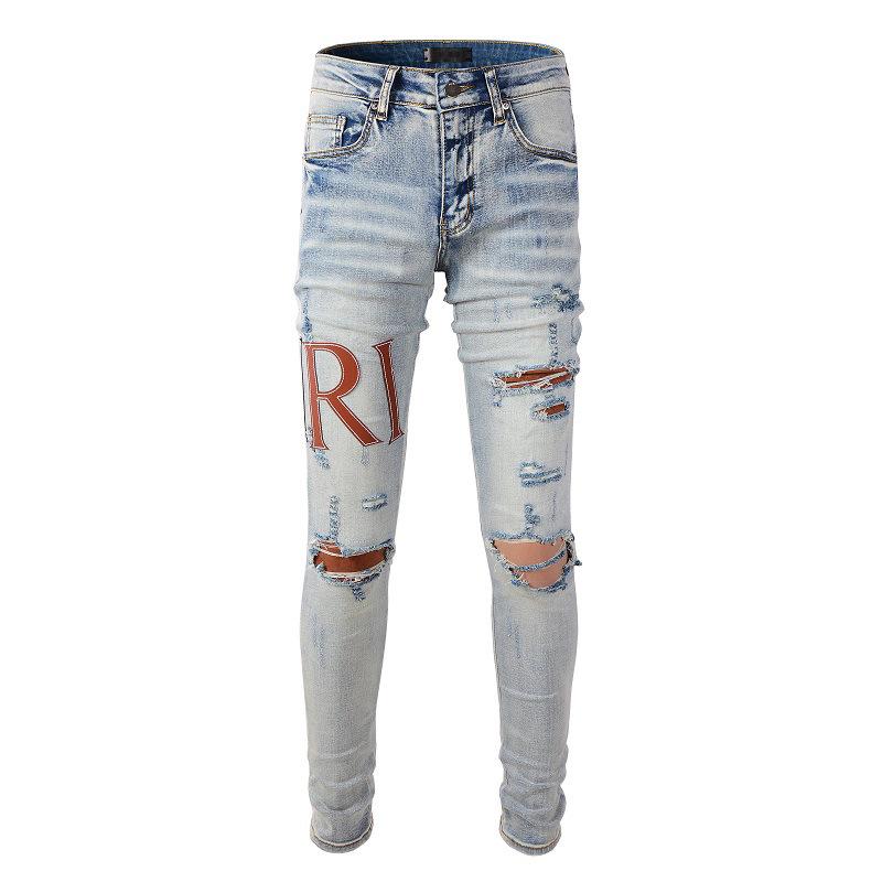 

Amiri Slim Fit Ripped Patch Jeans - Мужская европейская и американская уличная мода 33 светло-синий